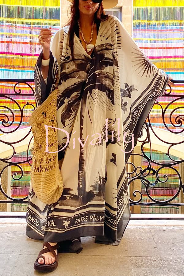 Flora Flamingo Print V-neck Loose Holiday Maxi Dress