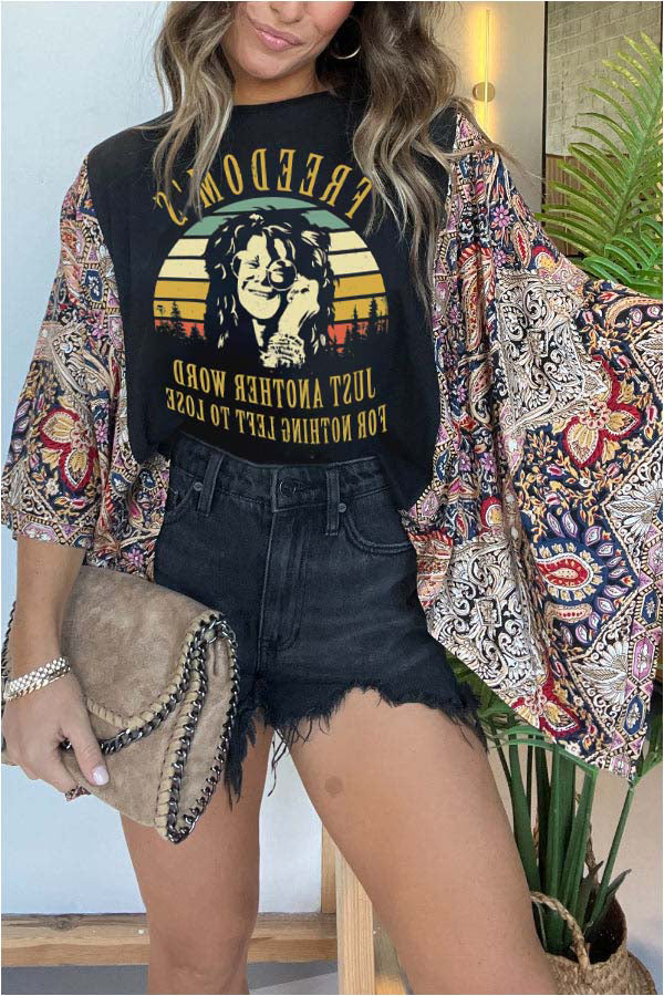 Unique Ethnic Print Batwing Sleeve Loose Top