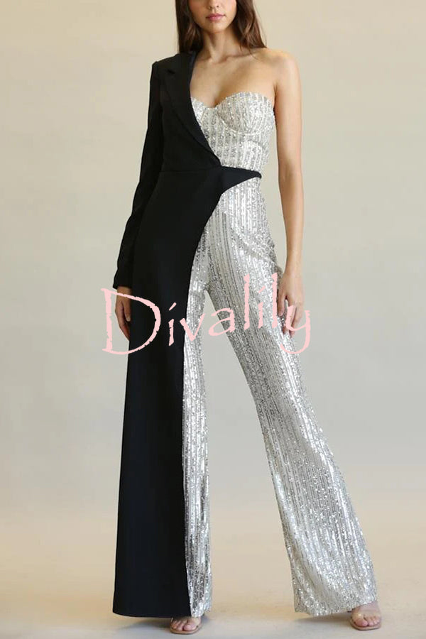 Fashionable Sequined Patchwork One-sided Long-sleeved Asymmetrical Jumpsuit