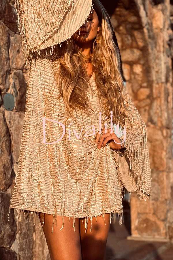 Flowing Shimmer Sequin Tassel Fabric Bell Sleeve Back Tie-up Loose Mini Dress