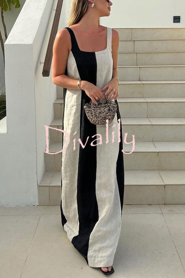 Linen Blend Black and White Contrast Sleeveless Loose Holiday Maxi Dress