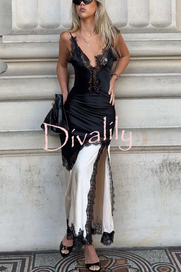 Soft and Romantic Satin Lace Trim Colorblock V-neck Side Slit Maxi Dress