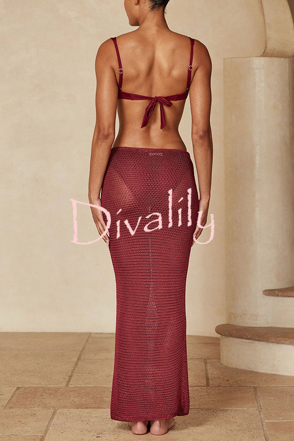 Fontelina Crochet Knit Hollow Out Mid Rise Stretch Maxi Skirt