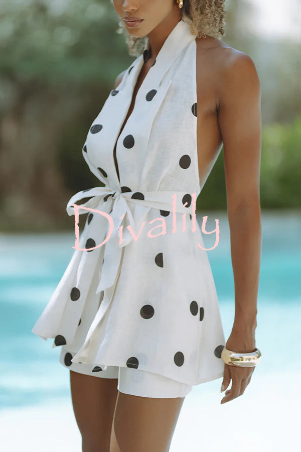 Gabby Linen Blend Polka Dot Tie-up Lapel Halter Vest and Metal Ring Belt Loose Shorts Set