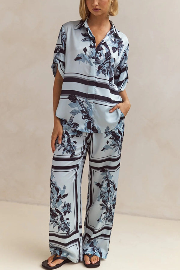 Fashionable Plant Print Loose Lapel Short Sleeve Shirt and Casual Elastic Waist Pocket Pants Set