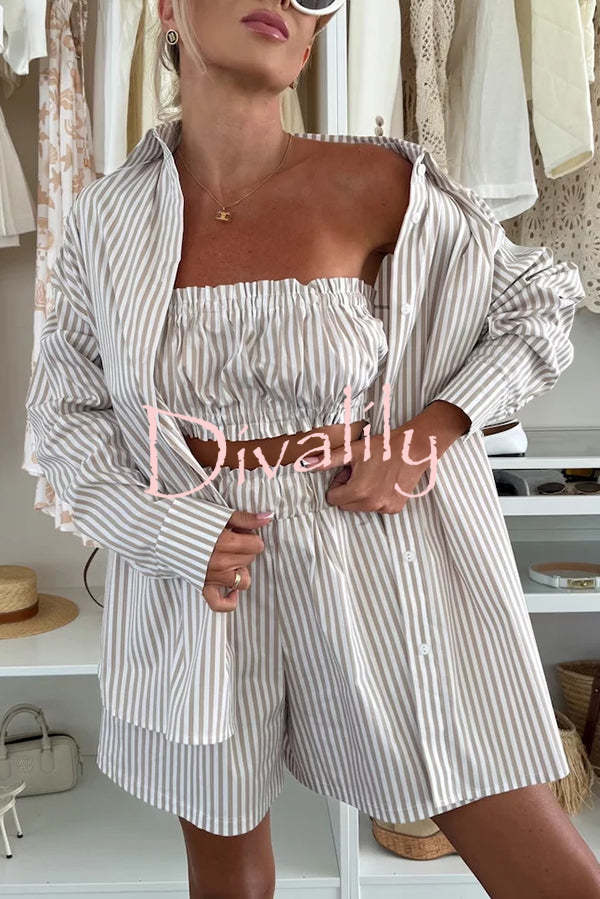 Zoie Striped Stretch Bandeau + Elastic Waist Pocket Shorts + Oversized Blouse 3 Pieces Set