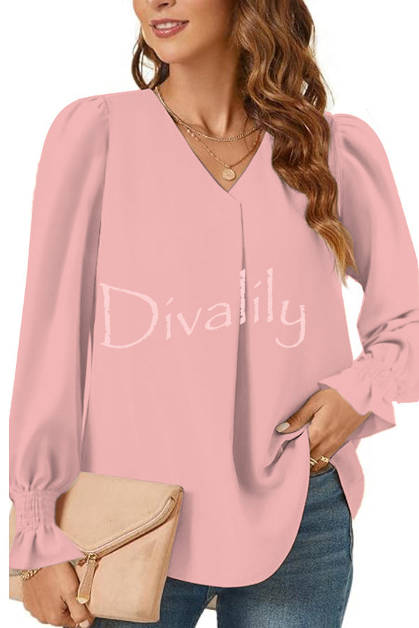 Solid Color V-neck Elastic Cuffs Long-sleeved Loose Top