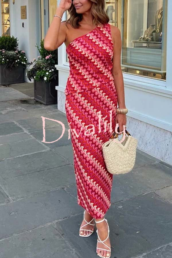 Ansela Knit Wave Unique Print One Shoulder Top and Stretch Maxi Skirt Set