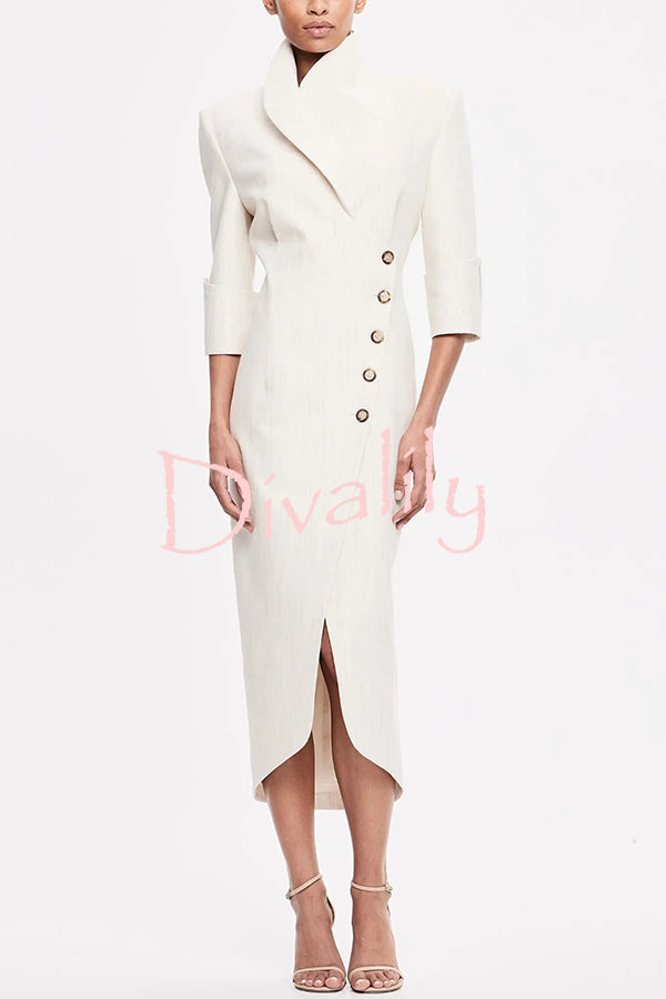 Elegant Look Linen Blend Stand Lapel Neck Half Sleeve Side Button Midi Dress