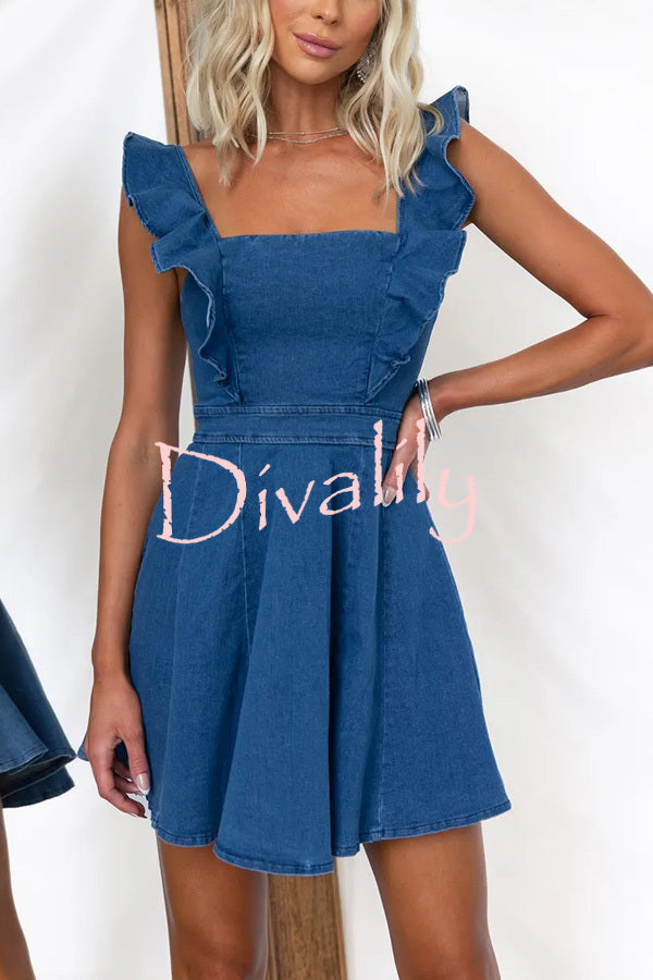 Sweet Secret Denim Square Neck Ruffle Sleeve Stretch Mini Dress