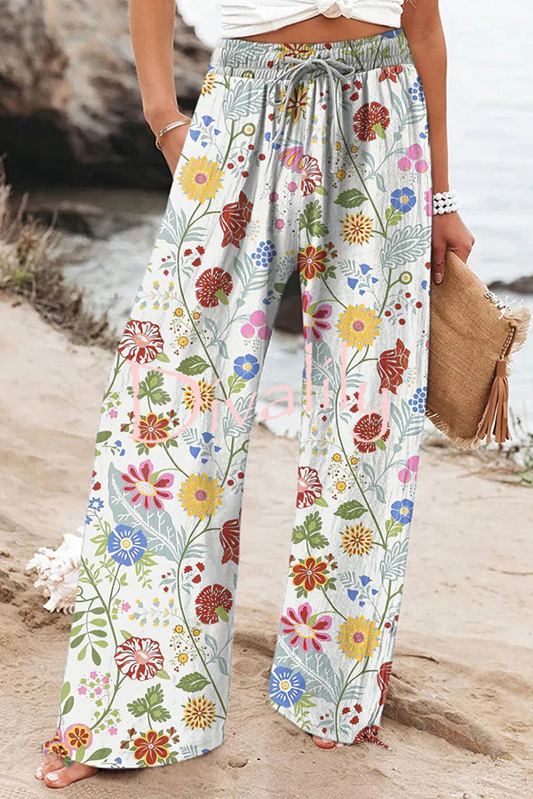 Colorful Printed Elastic Waist Drawstring Pocket Casual Pants