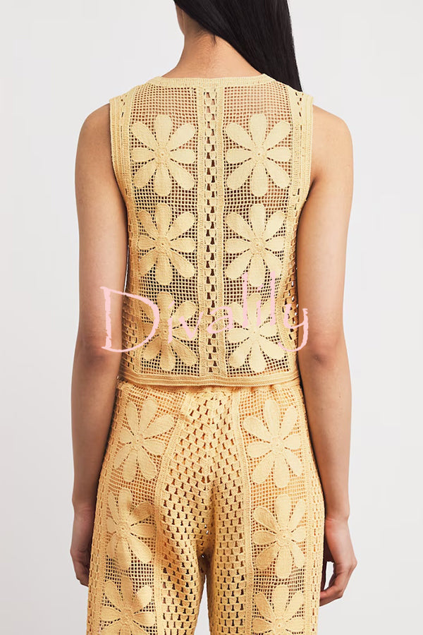 Fashion Embroidered Hollow Sleeveless Round Neck Knitted Vest