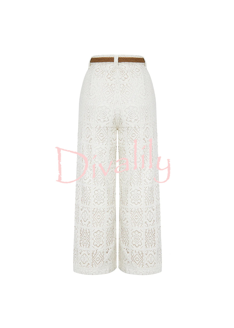 Joyful Bond Crochet Lace Mid Rise Pocketed Wide-leg Pants