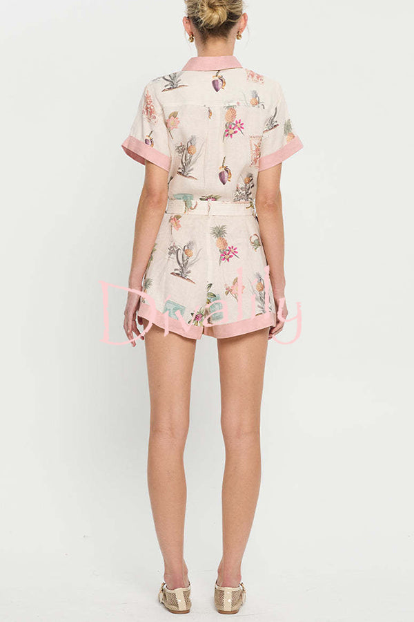 Plant Print Lapel Short Sleeves Loose Pocket Waist Tie Casual Rompers