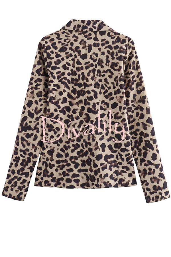 Edith Leopard Print Front Lace-up Long Sleeve Loose Blouse