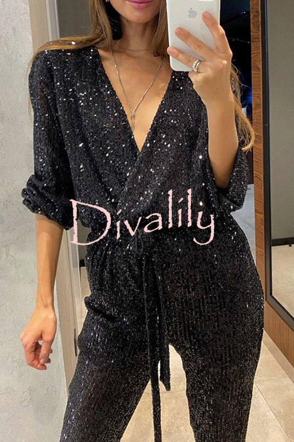 Cheers To You Sequin Long Sleeve Belted Wrap Loose Jumpsuit