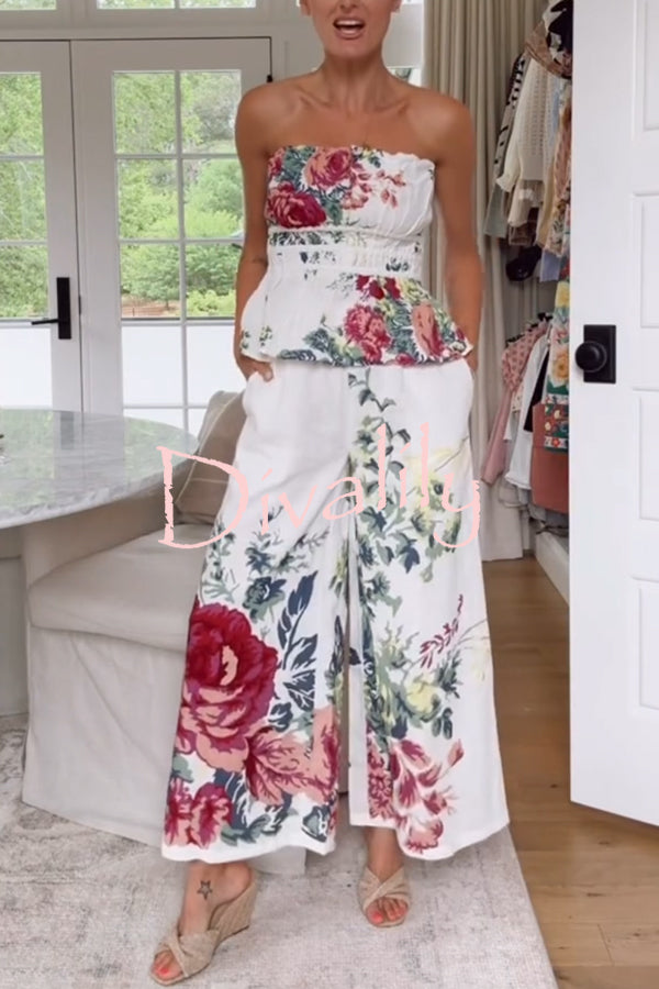 In To The Summer Linen Blend Floral Print Elastic Bandeau and Elastic Waist Pocket Loose Pants Set