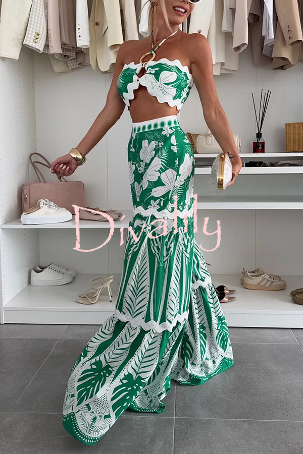 Cassie Ric Rac Trims Unique Print Halter Ring Tank and High Rise Wide Leg Pants Set
