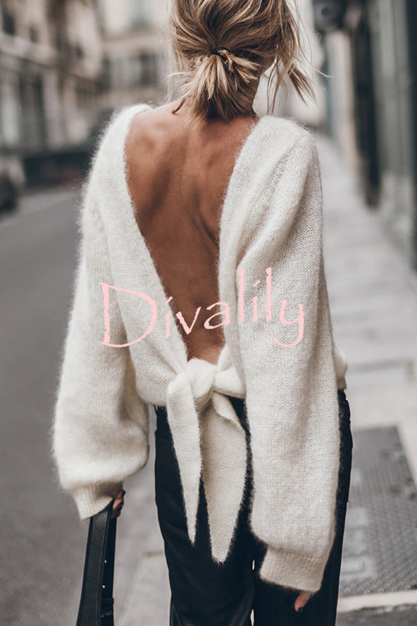 Chunky Season Knit Mohair-blend Long Sleeve Open Back Knot Design Loose Sweater
