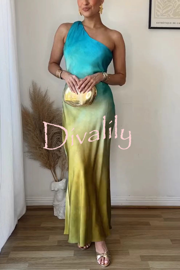 Satin Ombre One Shoulder Backless Fitted Maxi Dress