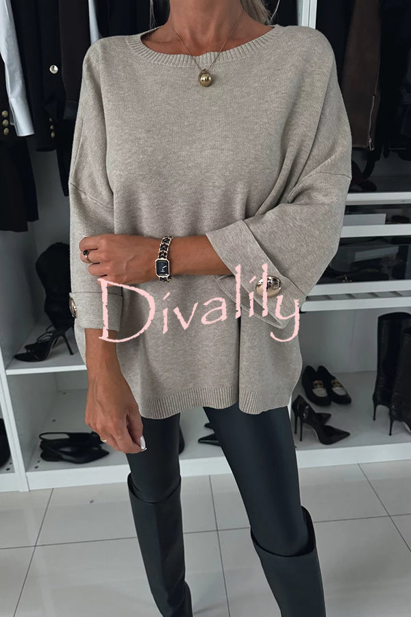 Elegance and Modern Knit Button Detail Half Sleeve Loose Sweater