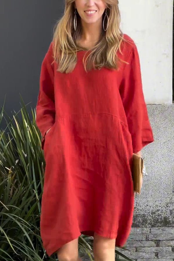 Linen Blend Solid Loose Casual Pocket Mini Dress