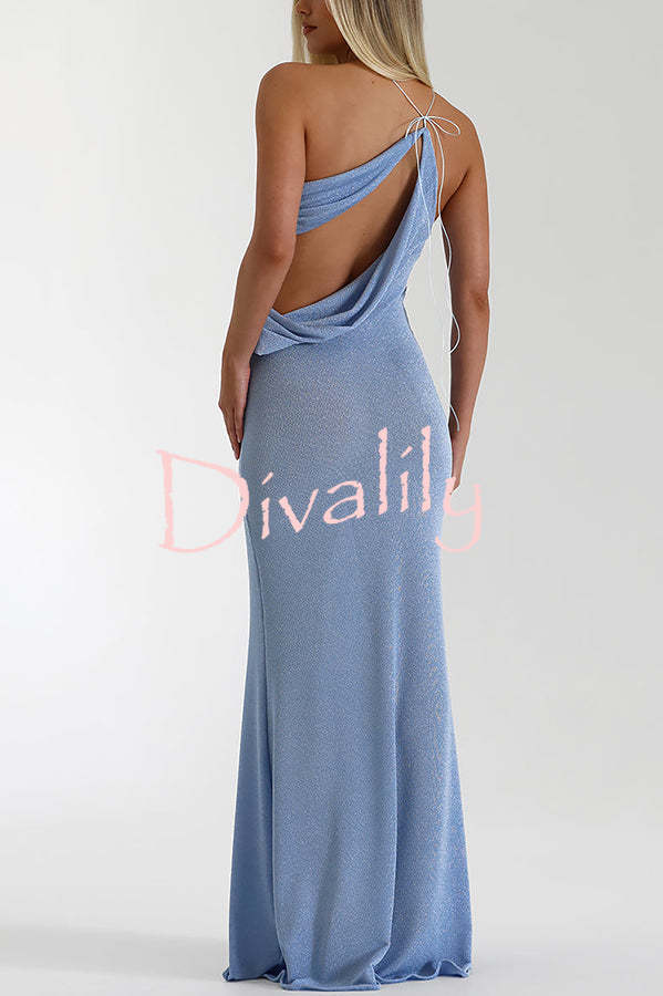 Elissa Glitter Fabric One Shoulder Asymmetrical Cutout Stretch Maxi Dress