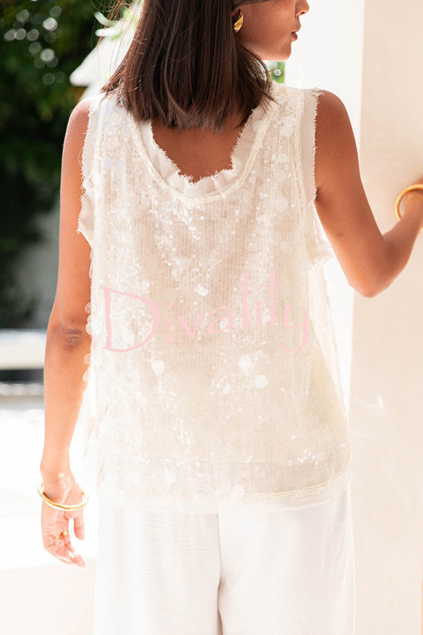 Fashionable Sequined Round Neck Sleeveless Loose Vest
