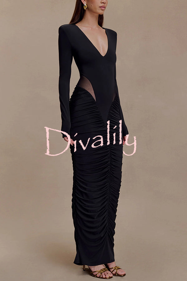 Sexy See-through Long-sleeved V-neck Pleated Slim-fit Maxi Dress