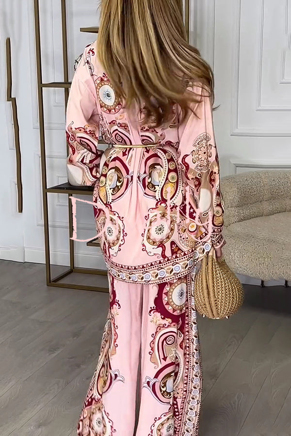 Unique Print Lapel Long Sleeve Tie Waist Shirt and Elastic Waist Pocket Wide Leg Pants Set
