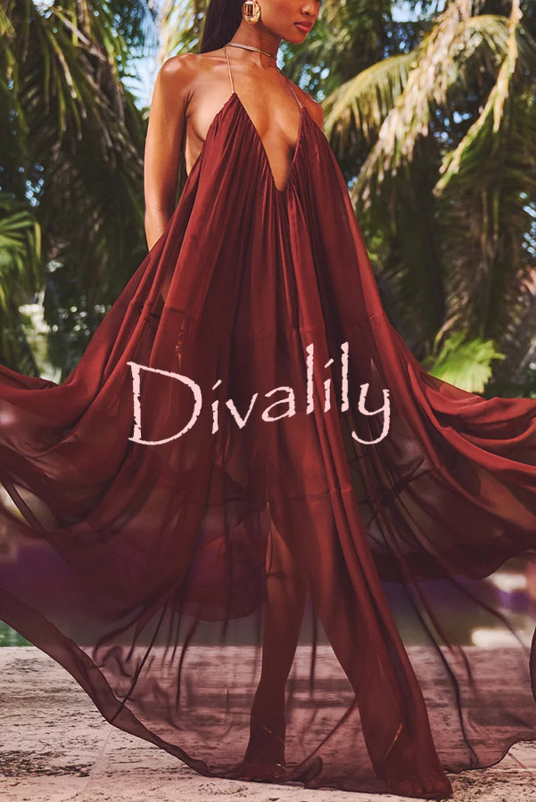 Flowing Lightweight Chiffon Chain Halter Neck Detail Backless A-line Maxi Dress