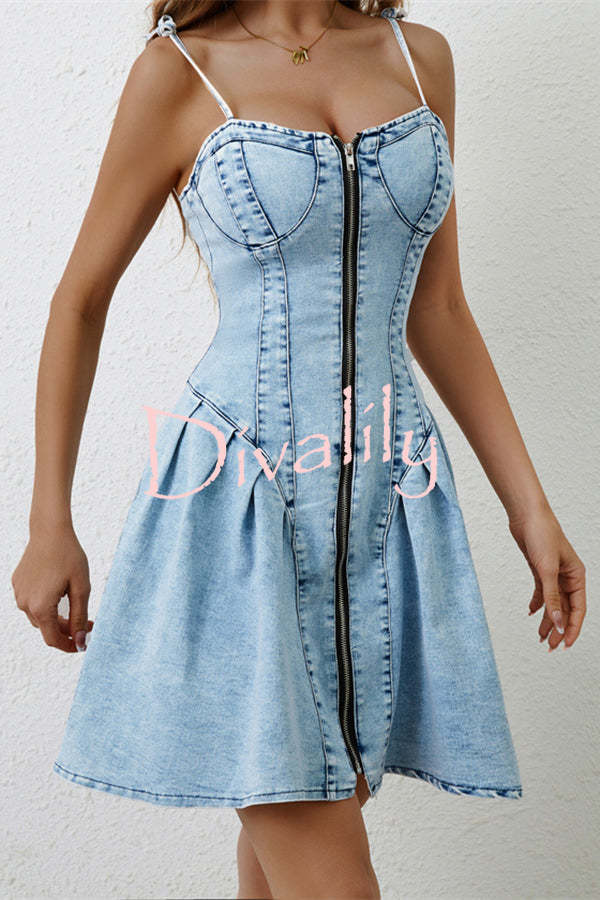 Fashionable Patchwork Suspender Zipper Slim Denim Mini Dress