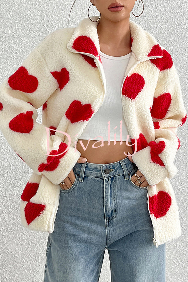 Fashion Plush Heart Print Loose Pocket Long Sleeve Zipper Jacket