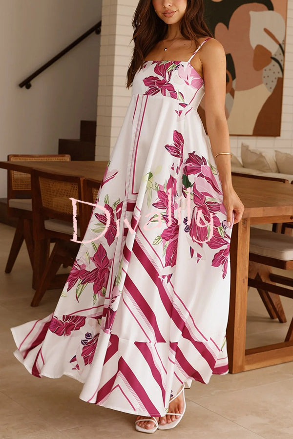 Botanical Print Halter Square Neck Pleated Loose Maxi Dress