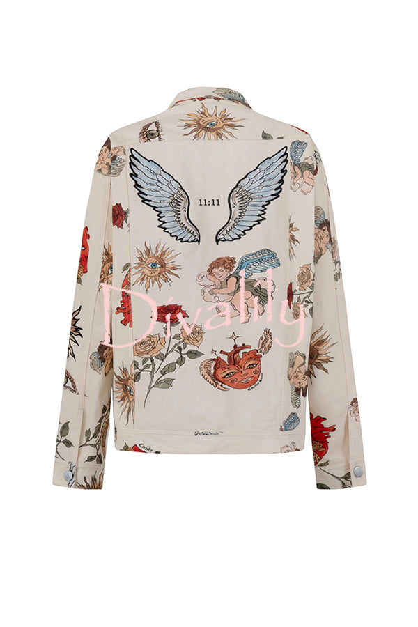 Angel Wings Denim Unique Print Button Up Long Sleeve Pocketed Relaxed Jacket