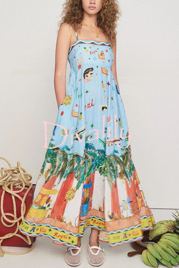 Summer Energy Linen Blend Unique Print Smocked Back Pocketed Midi Dress