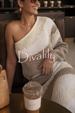 Soft Autumn Knit Colorblock One Shoulder Sleeve Ribbed Trim Loose Sweater