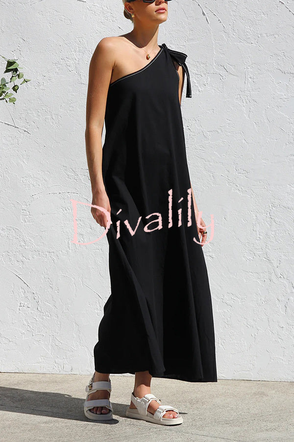 Solid Color One-shoulder Strappy Elegant Sloping Collar Loose Maxi Dress