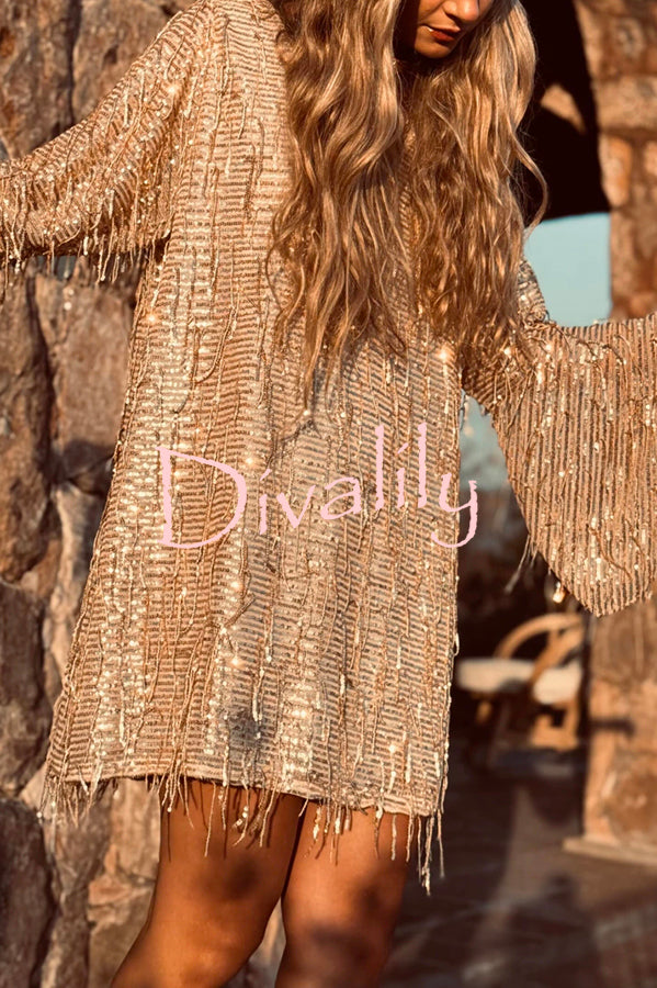 Flowing Shimmer Sequin Tassel Fabric Bell Sleeve Back Tie-up Loose Mini Dress