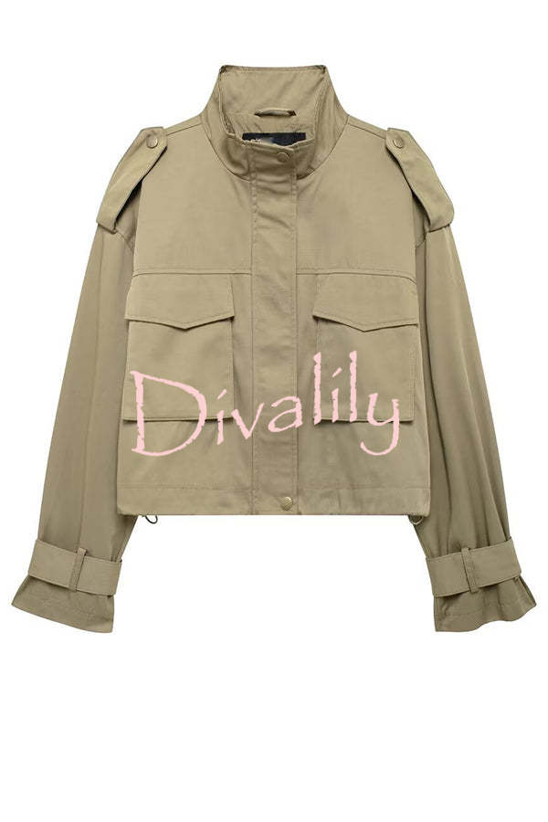 Classic Charm Strap Details Pocketed Cargo Style Zipper Loose Jacket