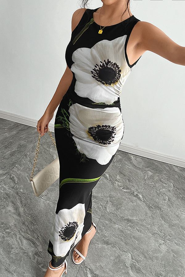 Floral Print Round Neck Sleeveless Mesh Fitted Maxi Dress