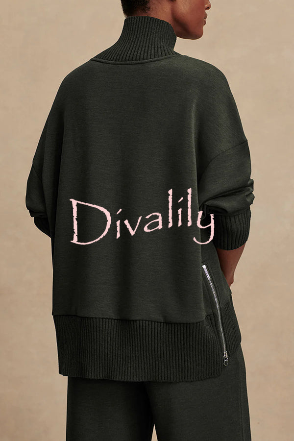 Barker High-Neck Long Sleeve Side Zipper Sweatshirt and Elastic Waist Pocketed Loose Pants Set