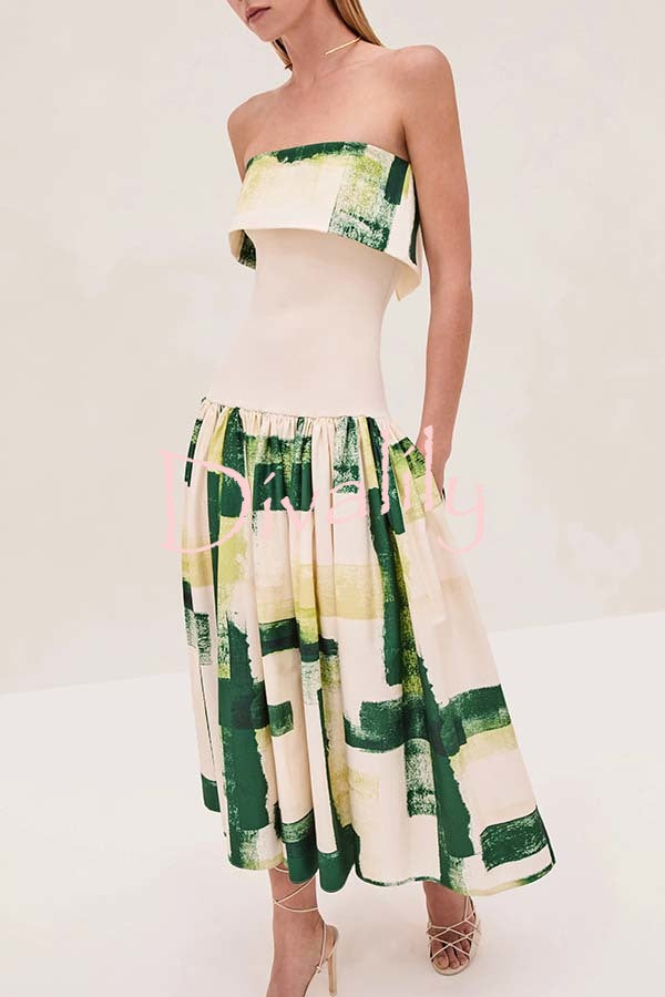Robia Unique Print Ribbed Elastic Waist Pocketed Strapless Midi Dress