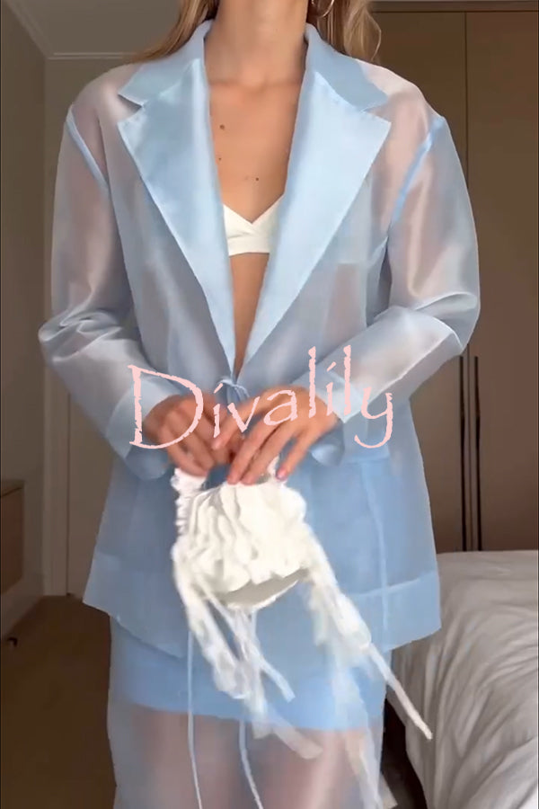 Simple and Light See-through Fabric Tie-up Long Sleeve Pocket Lapel Blazer