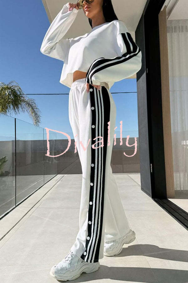 Sporty Chic Striped Patchwork Sweatshirt and Elastic Waist Side Button Up Loose Pants Set