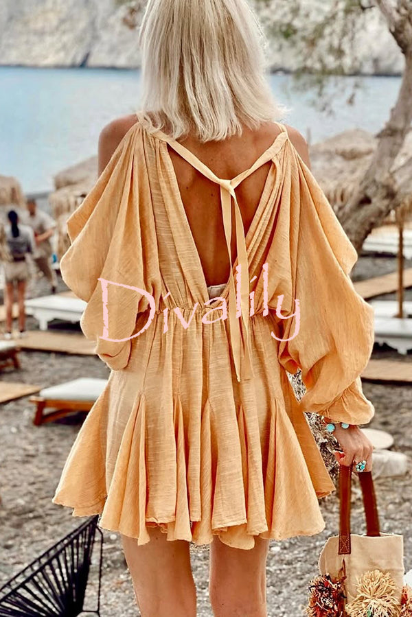 Anita Cold Shoulder Ruched Balloon Sleeve Pleated Hem Loose Mini Dress