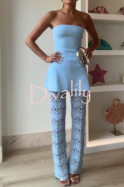 Trena Crochet Knit Hollow Mid Rise Stretch Wide Leg Pants