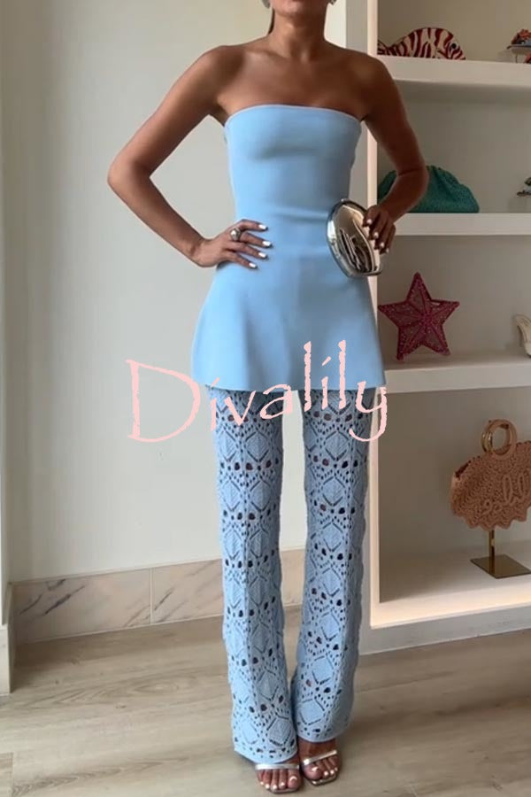 Trena Crochet Knit Hollow Mid Rise Stretch Wide Leg Pants