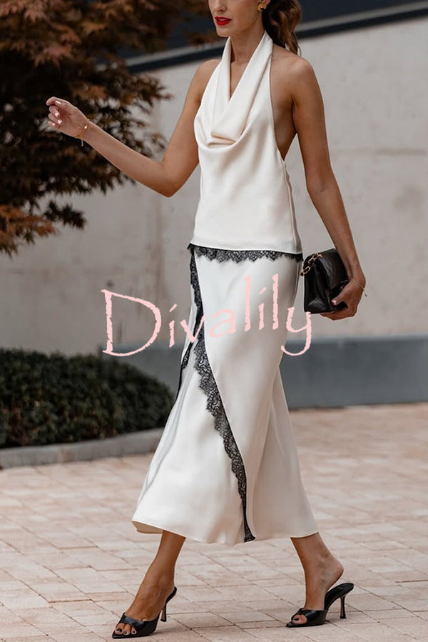 Iriena Satin Lace Trim Cowl Halter Neck Tank and Mid Rise Midi Skirt Set