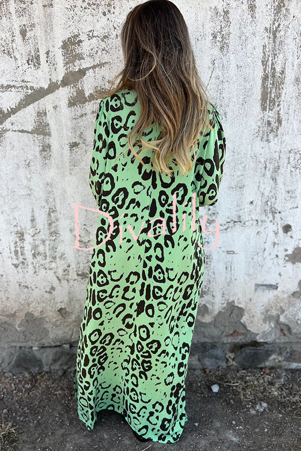 Leopard Print Loose V-neck Pocket Holiday Style Maxi Dress